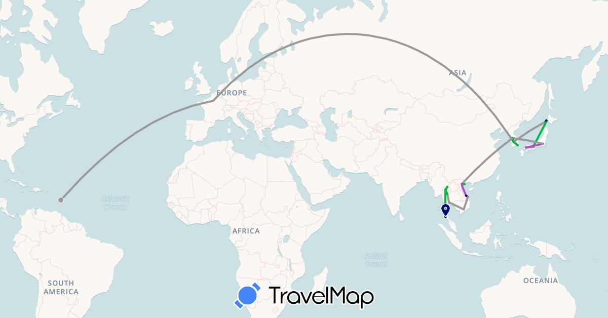 TravelMap itinerary: driving, bus, plane, train in France, Japan, South Korea, Martinique, Thailand, Vietnam (Asia, Europe, North America)